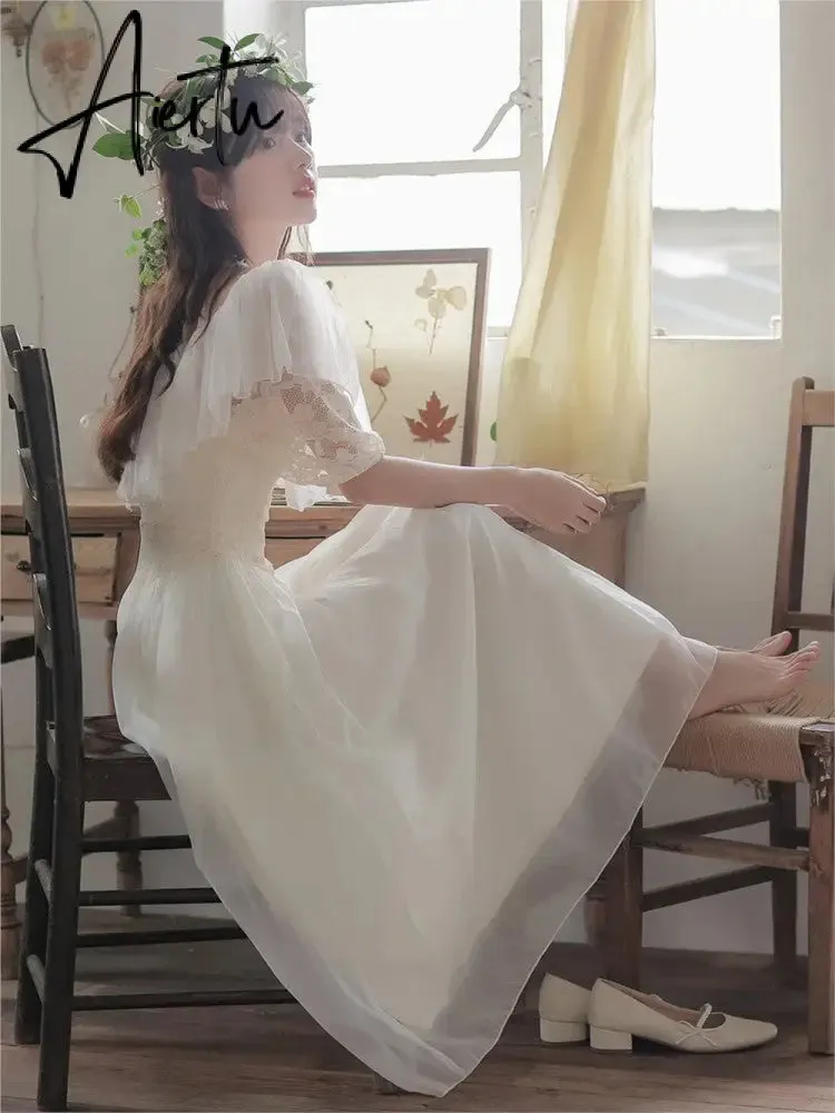 Summer Romantic Fairy Dress Woman Chic Vintage Lace Puff Sleeve Ruffles V-Neck Soft Princess Dresses Party Night Vestido Festa